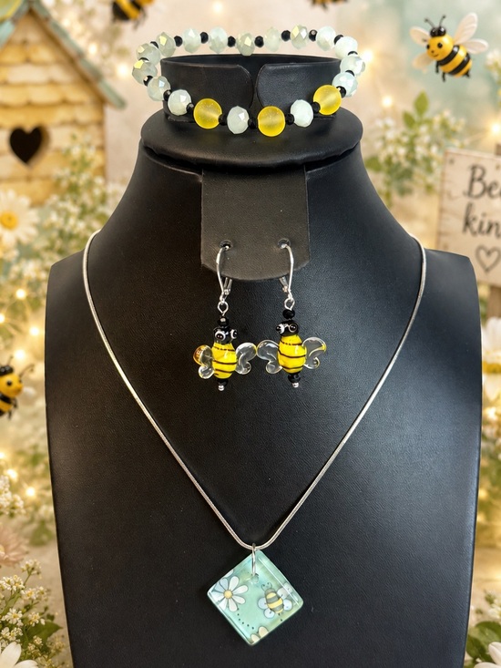 Artisan Jewelry - Handmade Yellow Bee Earrings and Bracelet Set with Bee Pendant Necklace